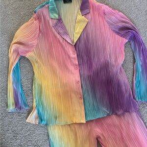DRESSED IN LALA Long Sleeve Plissé Set in Rainbow Daydream